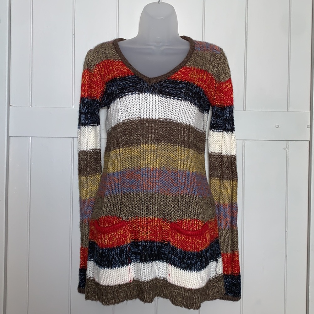 Multi Colored, Wide Striped, Knit Sweater With Pockets- Size Medium- EUC